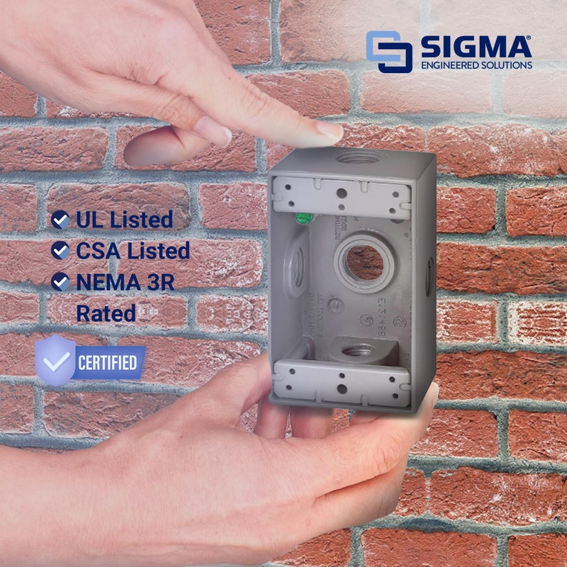 Sigma Electric SIGMA ENGINEERED SOLUTIONS 14251-5X Metal Electrical Outlet Box, Weatherproof, Easy Mount Plug and Receptacle Protector, Gray, (5) 1/2-Inch Holes, 1 Gang Box with Side Entry - Image 3
